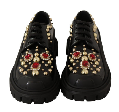 Black Leather Crystals Studs Formal Derby Shoes