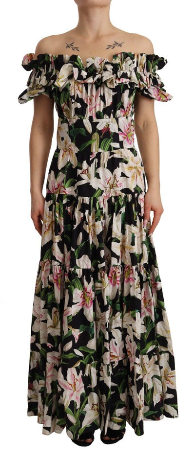 Black Cotton Lily Print Long Gown Dress