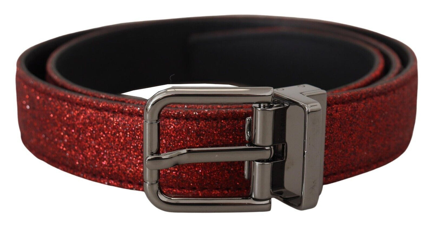 Red Glittered Leather Silver Metal Buckle Belt