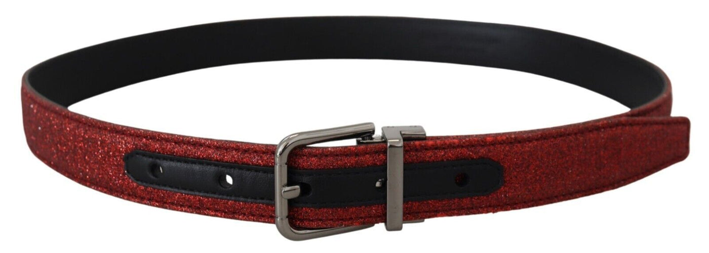 Red Glittered Leather Silver Metal Buckle Belt