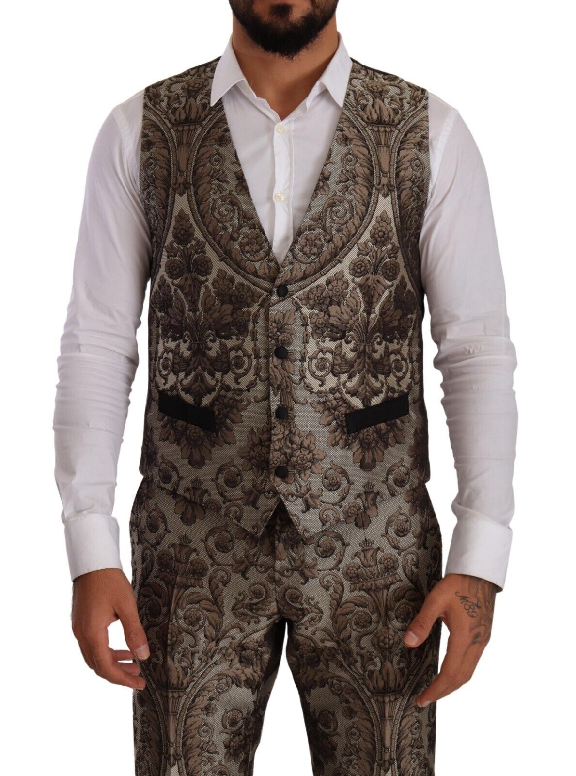 Brown Jacquard Slim Fit Breasted 3 Piece Suit