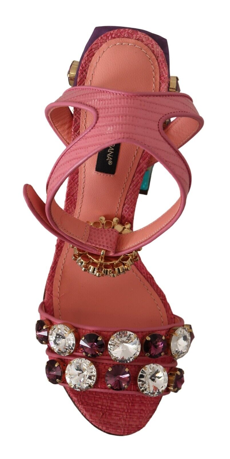 Pink Leather Crystal Block Heels Sandals Shoes