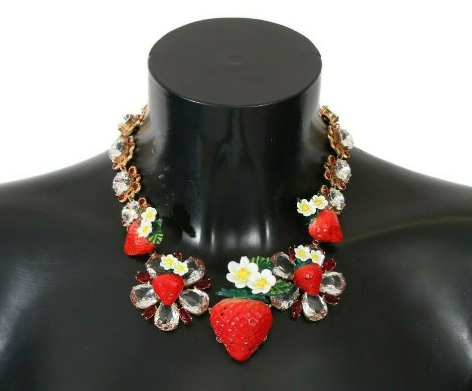 Strawberry Crystal Floral Charm Statement Necklace