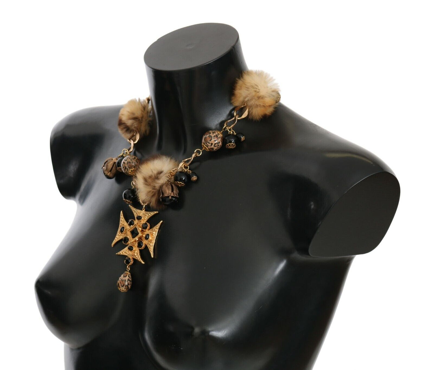 Gold Pon Pon Lapin Fur Crystal Cross Brass Necklace