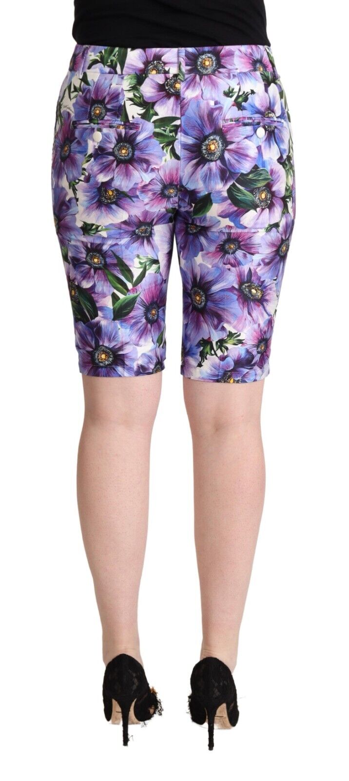 Purple Floral Print Mid Waist Trouser Cropped Pants