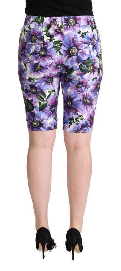 Purple Floral Print Mid Waist Trouser Cropped Pants